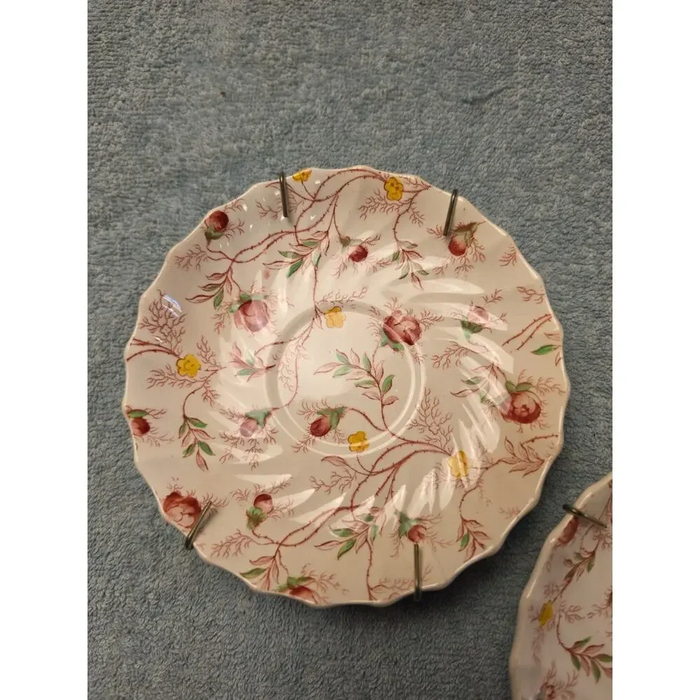 Pair of Vintage Copeland Spode Rosebud Chintz Saucers 2/8401 Pink Vine England